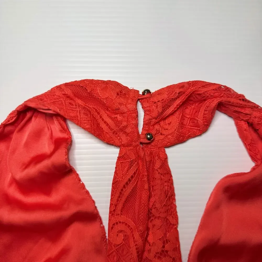 Bebe Lace Halter Peplum Top Poppy Red Women’s Small Plunge Satin Waist Y2K Party - Picture 15 of 16